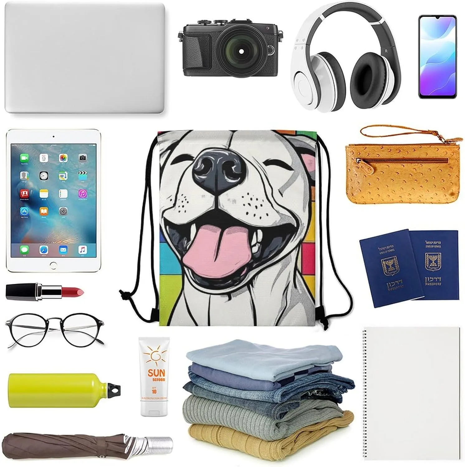 Lightweight Draw String Sport Bags, Unisex-Adult Checkerboard Painting Cute Funny Pitbull Dog (2) Drawstring Bag for Beach, Yoga, Gym, Swimming, Outdoor Travel
