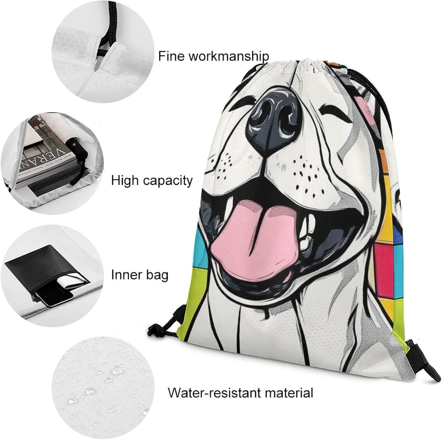 Lightweight Draw String Sport Bags, Unisex-Adult Checkerboard Painting Cute Funny Pitbull Dog (2) Drawstring Bag for Beach, Yoga, Gym, Swimming, Outdoor Travel