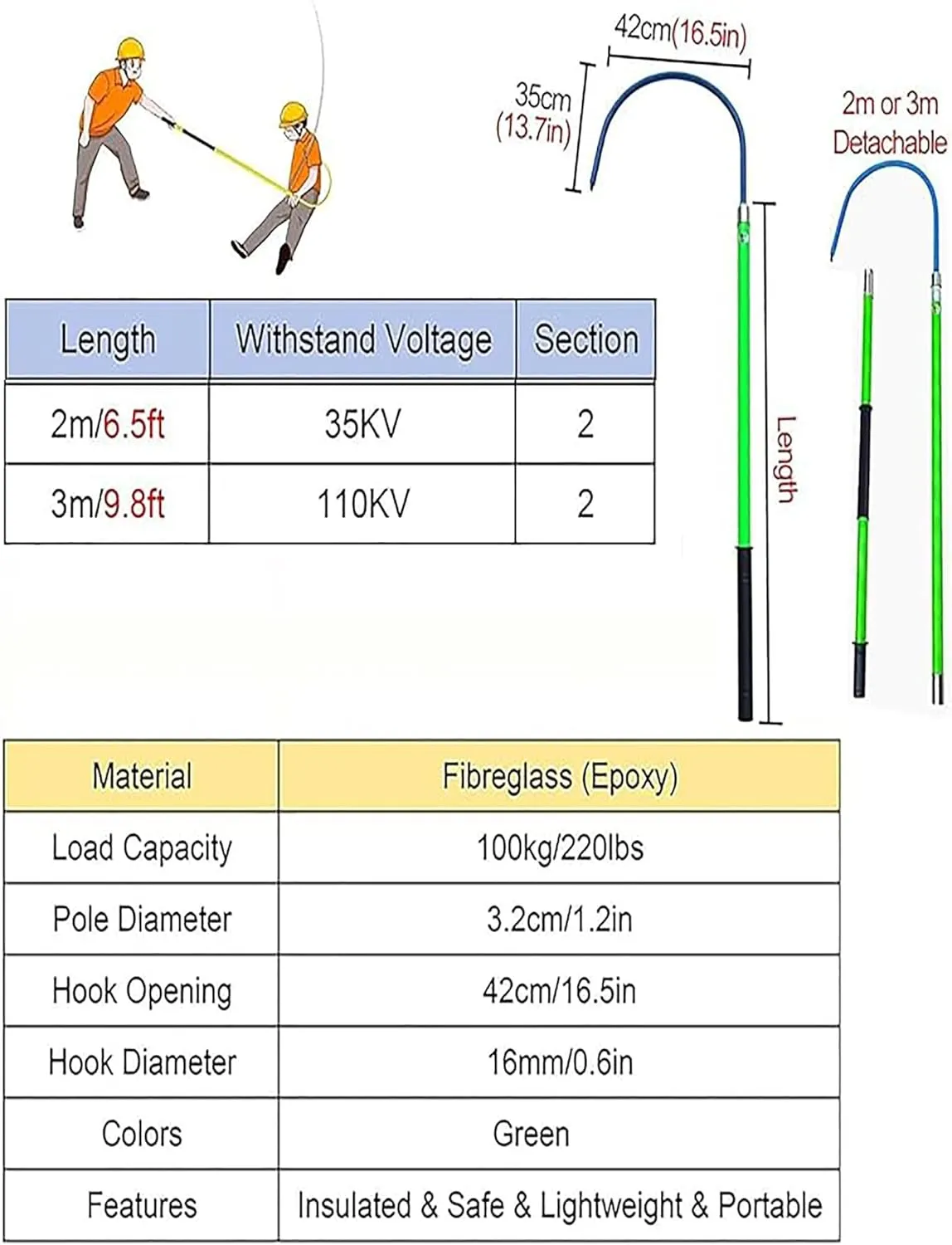 Lightweight Insulated Handle Rescue Hook High Voltage Insulated Rescue Hook Heavy Duty,Anti-electrocution Body Rescue Hook with Opening Hooks(200cm/79in)