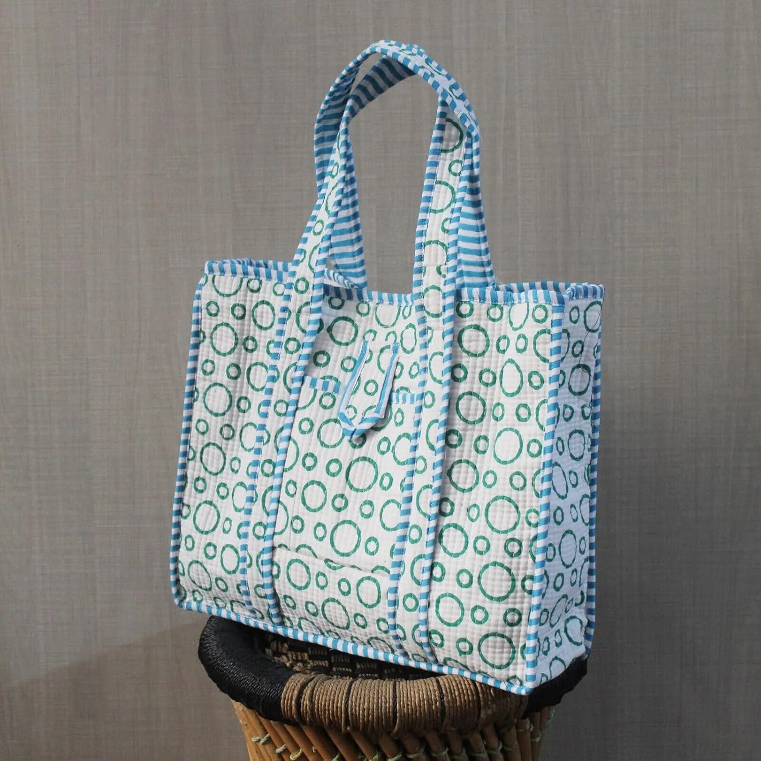 Lightweight Tote Bag for Women Hand Block Printed Quilted Shoulder Bag with Compartments, Perfect for Travel, Work, Shopping