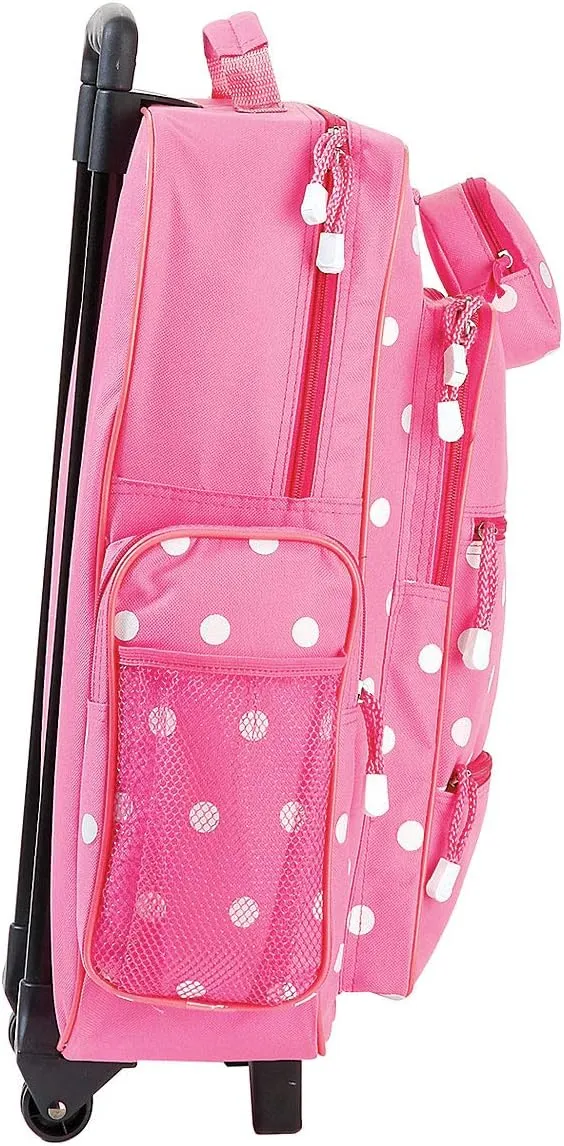 Lillian Vernon Personalized Rolling Luggage for Kids, 5-Pocket Pink Polka Dot Design Suitcase Set With Clip-On Pouch, Customizable Girls Travel Carrier on Wheels, 6" W x 15.5" L x 21" H