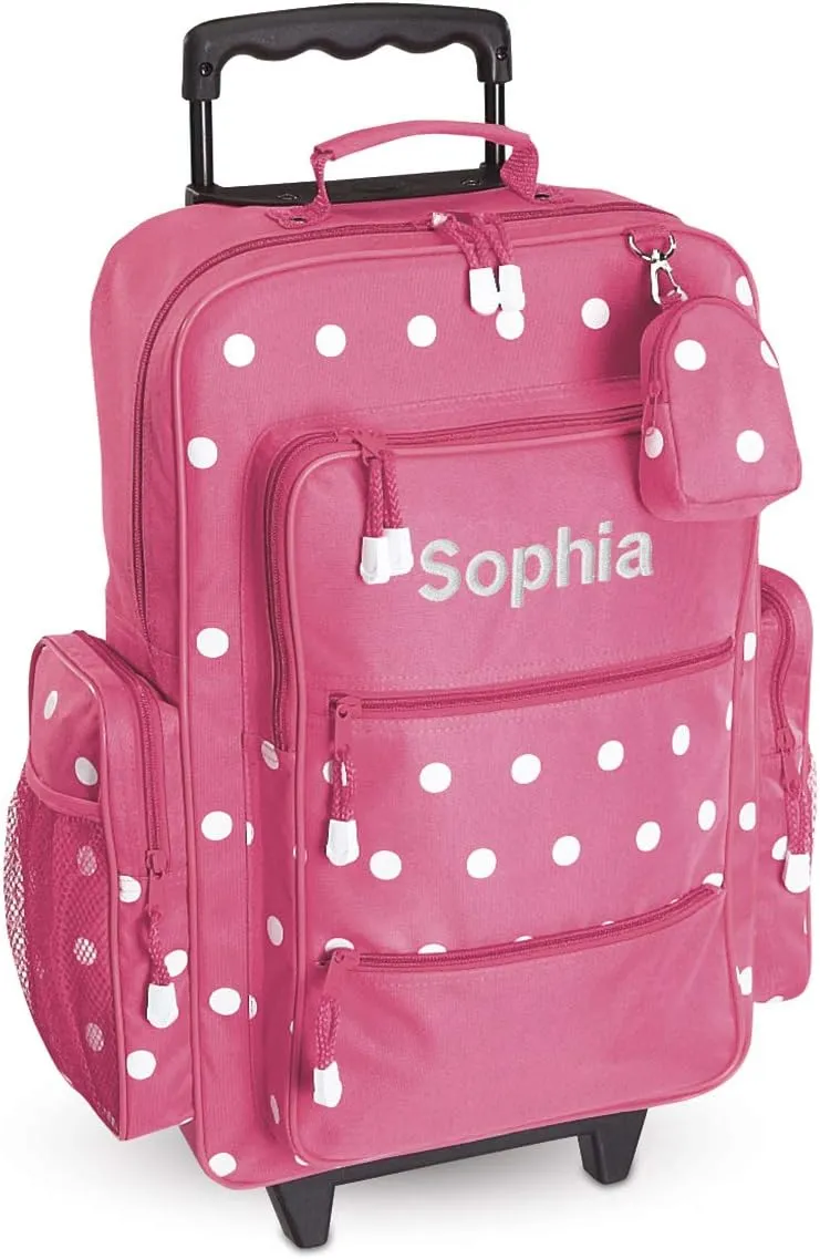 Lillian Vernon Personalized Rolling Luggage for Kids, 5-Pocket Pink Polka Dot Design Suitcase Set With Clip-On Pouch, Customizable Girls Travel Carrier on Wheels, 6" W x 15.5" L x 21" H