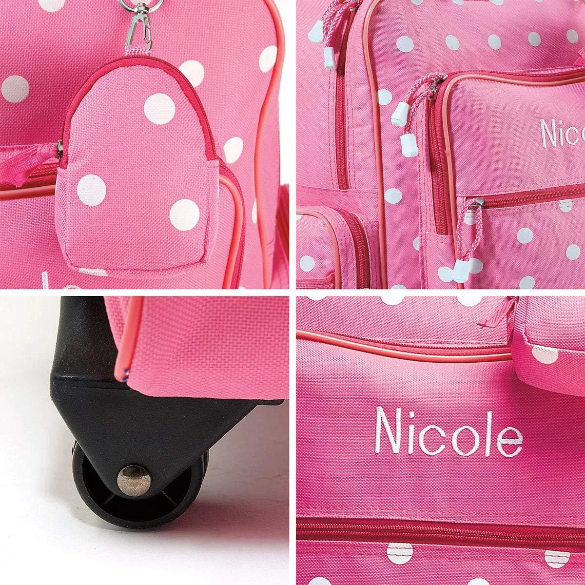 Lillian Vernon Personalized Rolling Luggage for Kids, 5-Pocket Pink Polka Dot Design Suitcase Set With Clip-On Pouch, Customizable Girls Travel Carrier on Wheels, 6" W x 15.5" L x 21" H