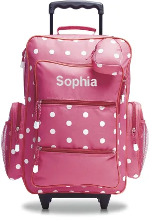 Lillian Vernon Personalized Rolling Luggage for Kids, 5-Pocket Pink Polka Dot Design Suitcase Set With Clip-On Pouch, Customizable Girls Travel Carrier on Wheels, 6" W x 15.5" L x 21" H