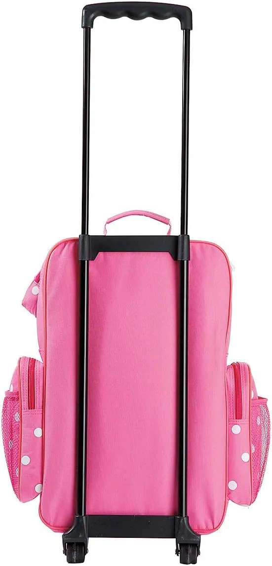 Lillian Vernon Personalized Rolling Luggage for Kids, 5-Pocket Pink Polka Dot Design Suitcase Set With Clip-On Pouch, Customizable Girls Travel Carrier on Wheels, 6" W x 15.5" L x 21" H