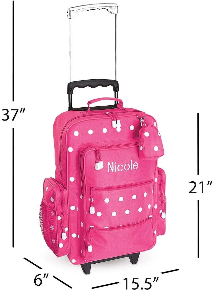 Lillian Vernon Personalized Rolling Luggage for Kids, 5-Pocket Pink Polka Dot Design Suitcase Set With Clip-On Pouch, Customizable Girls Travel Carrier on Wheels, 6" W x 15.5" L x 21" H