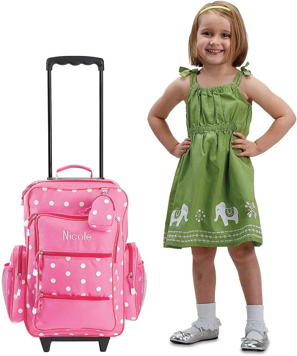 Lillian Vernon Personalized Rolling Luggage for Kids, 5-Pocket Pink Polka Dot Design Suitcase Set With Clip-On Pouch, Customizable Girls Travel Carrier on Wheels, 6" W x 15.5" L x 21" H