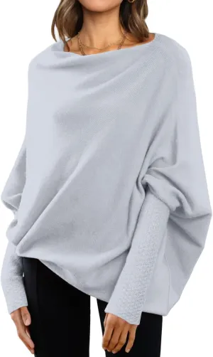 LILLUSORY Womens Batwing Oversized Sweaters 2025 Assymetrical Boat Neck Wrap Tunic Tops Fall Fashion Cloth Outfit