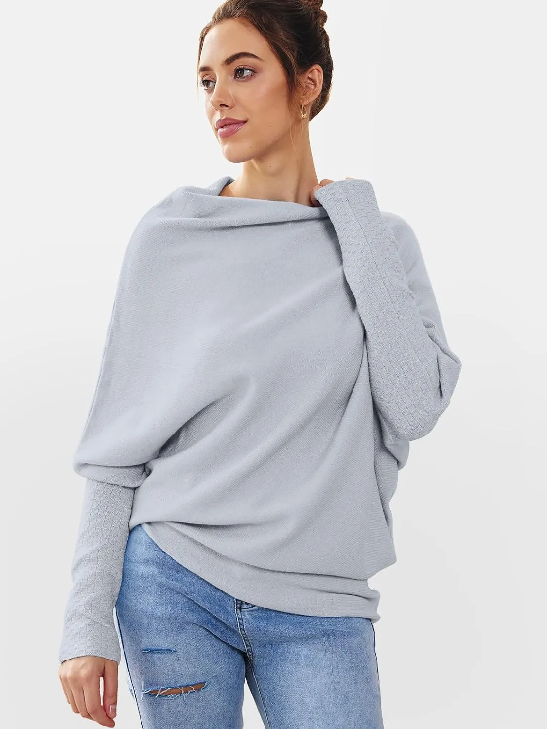 LILLUSORY Womens Batwing Oversized Sweaters 2025 Assymetrical Boat Neck Wrap Tunic Tops Fall Fashion Cloth Outfit