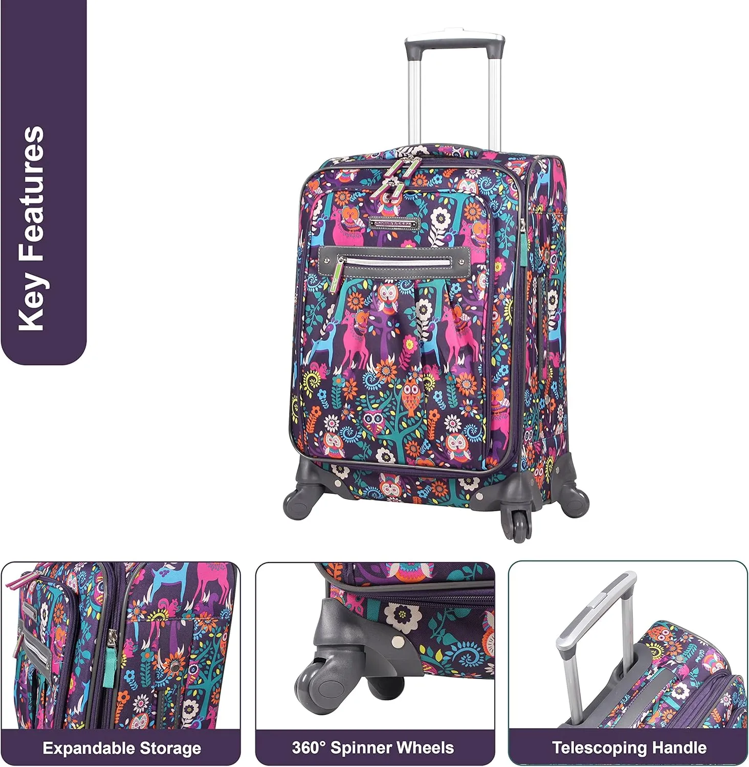 Lily Bloom Large Expandable Design Pattern Luggage With Spinner Wheels For Woman (28in, Wildwoods)