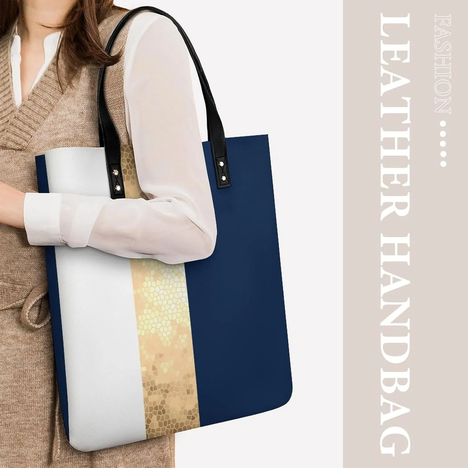 Lines Navy Blue And Yellow Fashionable All Printed Leather Handbag Unisex