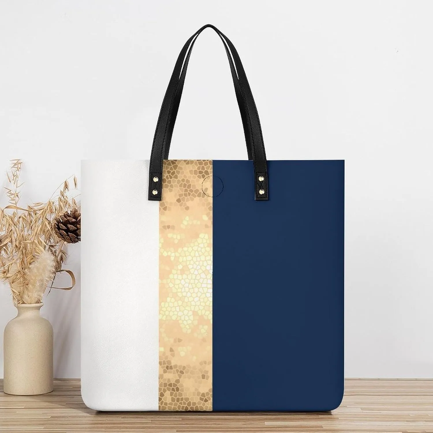 Lines Navy Blue And Yellow Fashionable All Printed Leather Handbag Unisex
