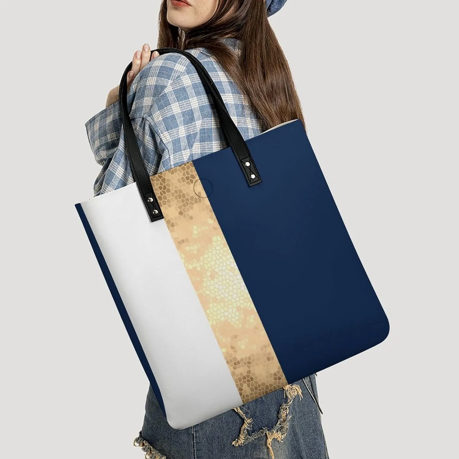 Lines Navy Blue And Yellow Fashionable All Printed Leather Handbag Unisex
