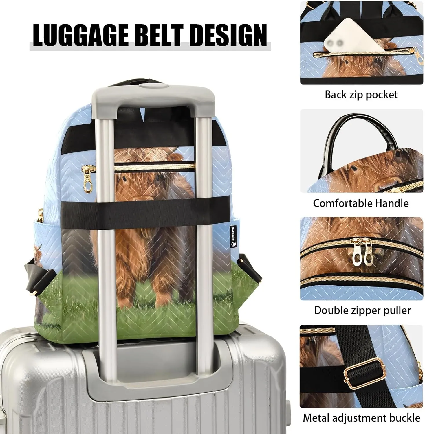 Little Cattle Photo Quilted Backpack for Women Fashion Tote Bag with 5 Zipper Pockets (S:8.5L/M:14L) Perfect for Travel Shopping Looking Cute Lightweight