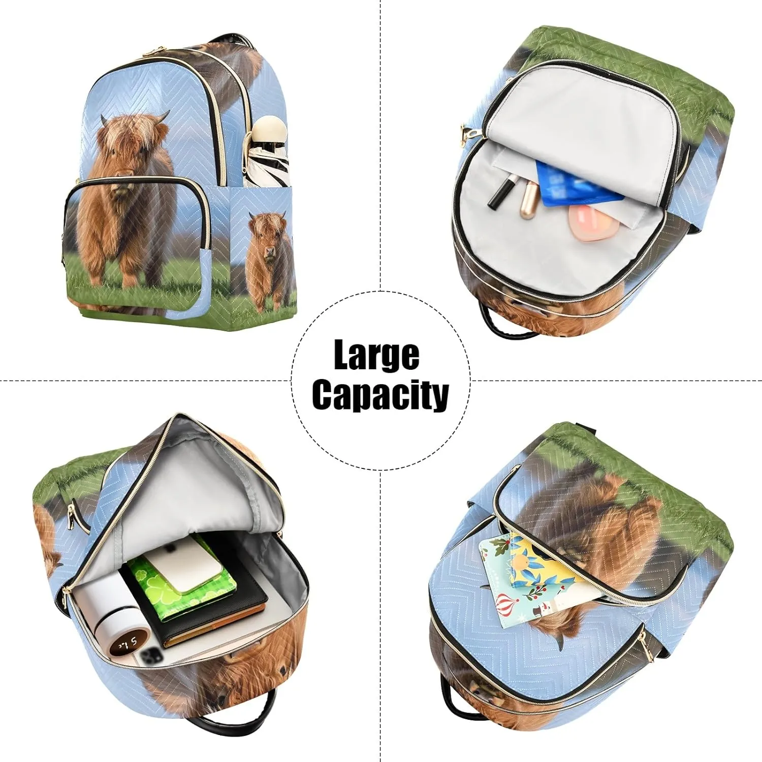 Little Cattle Photo Quilted Backpack for Women Fashion Tote Bag with 5 Zipper Pockets (S:8.5L/M:14L) Perfect for Travel Shopping Looking Cute Lightweight