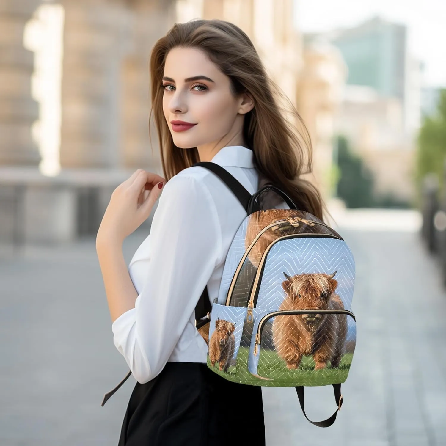 Little Cattle Photo Quilted Backpack for Women Fashion Tote Bag with 5 Zipper Pockets (S:8.5L/M:14L) Perfect for Travel Shopping Looking Cute Lightweight