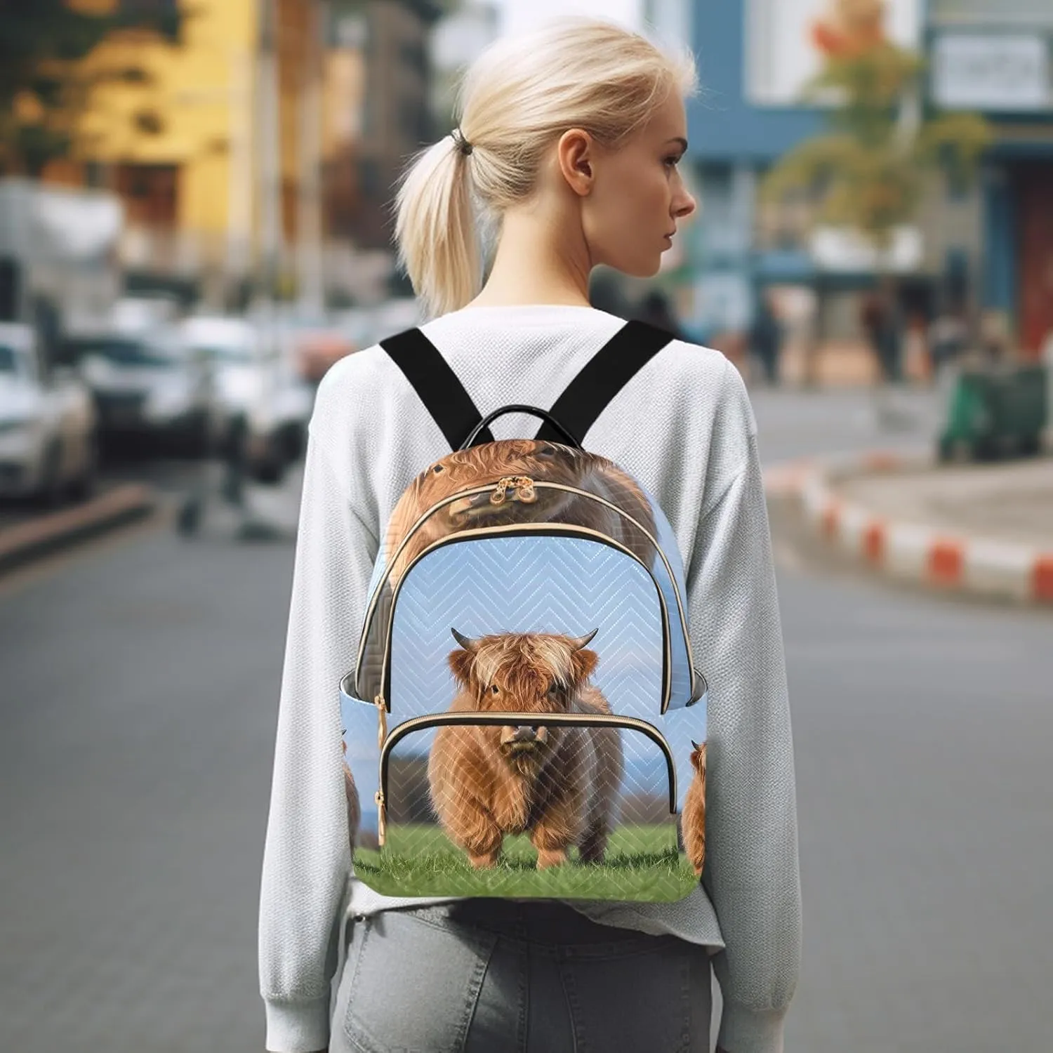 Little Cattle Photo Quilted Backpack for Women Fashion Tote Bag with 5 Zipper Pockets (S:8.5L/M:14L) Perfect for Travel Shopping Looking Cute Lightweight