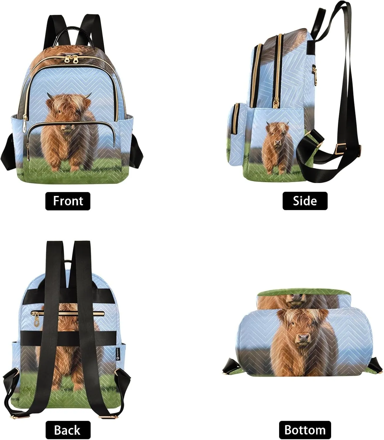 Little Cattle Photo Quilted Backpack for Women Fashion Tote Bag with 5 Zipper Pockets (S:8.5L/M:14L) Perfect for Travel Shopping Looking Cute Lightweight