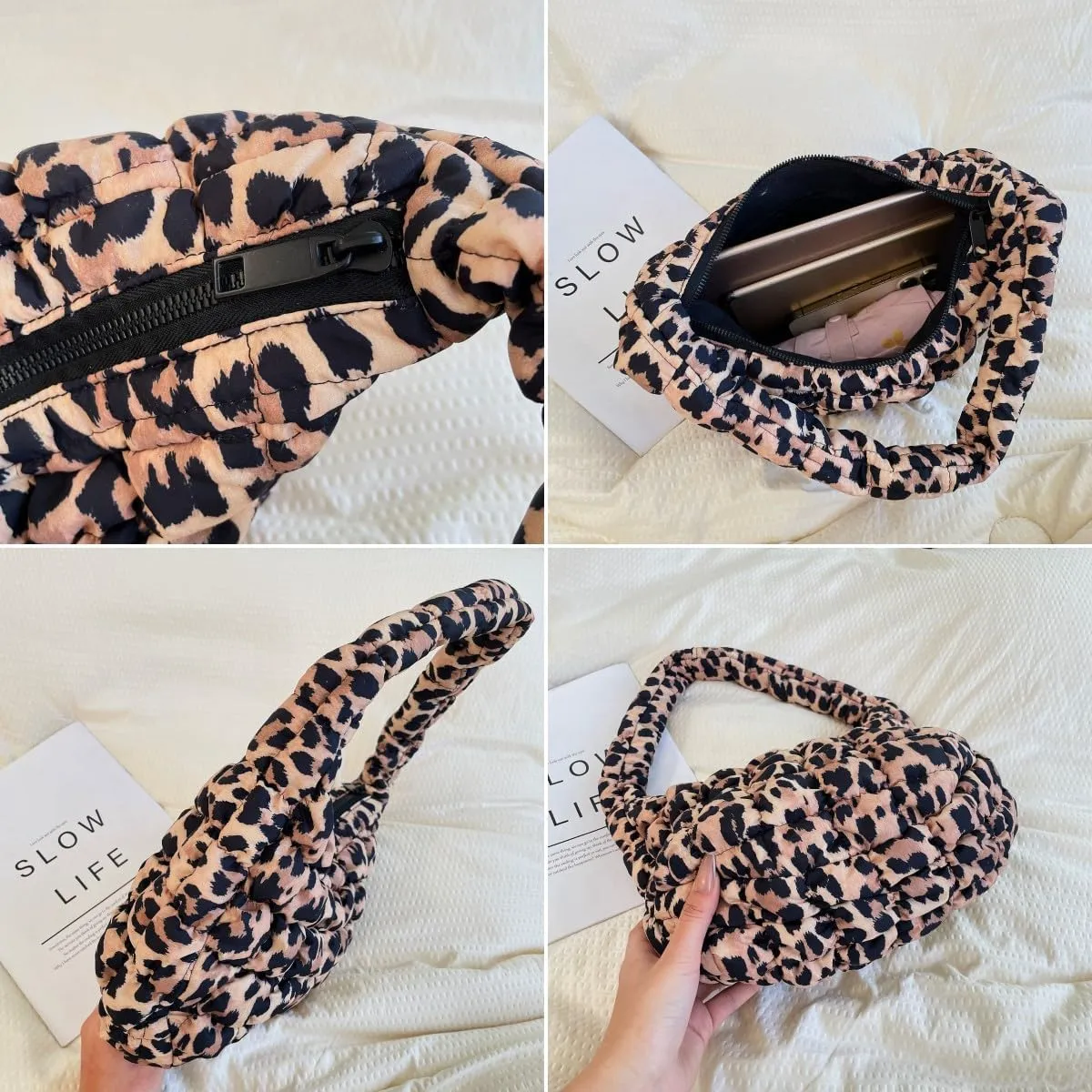 Lmbabter Leopard Tote Bag for Women Stylish Quilted Tote Handbag Lightweight Puffer Hobo Bag Padding Carryall Daypack (Brown)