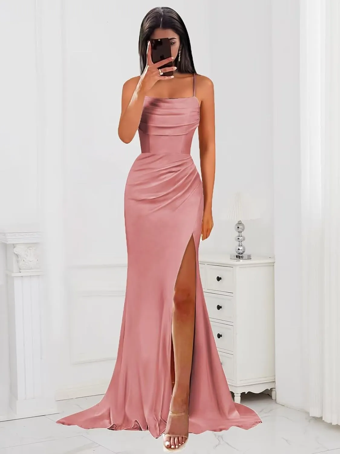 Long Satin Bridesmaid Dresses for Women Elegant Pleated Mermaid Formal Evening Gown with Slit