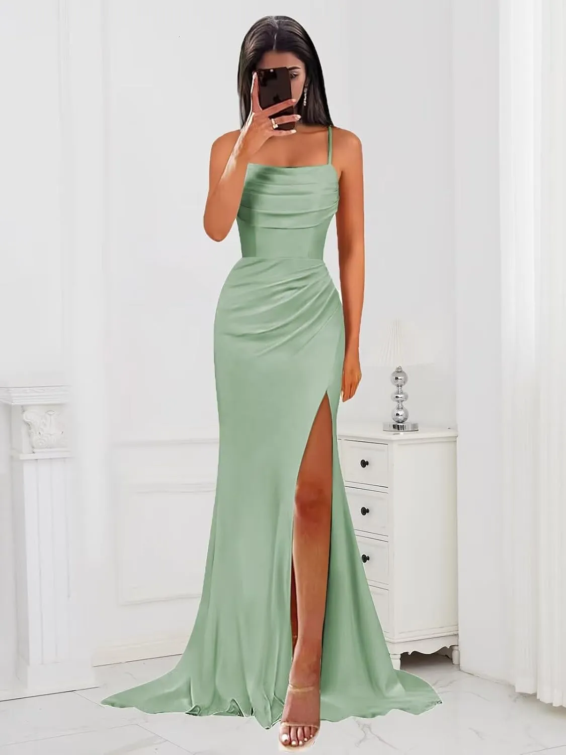 Long Satin Bridesmaid Dresses for Women Elegant Pleated Mermaid Formal Evening Gown with Slit