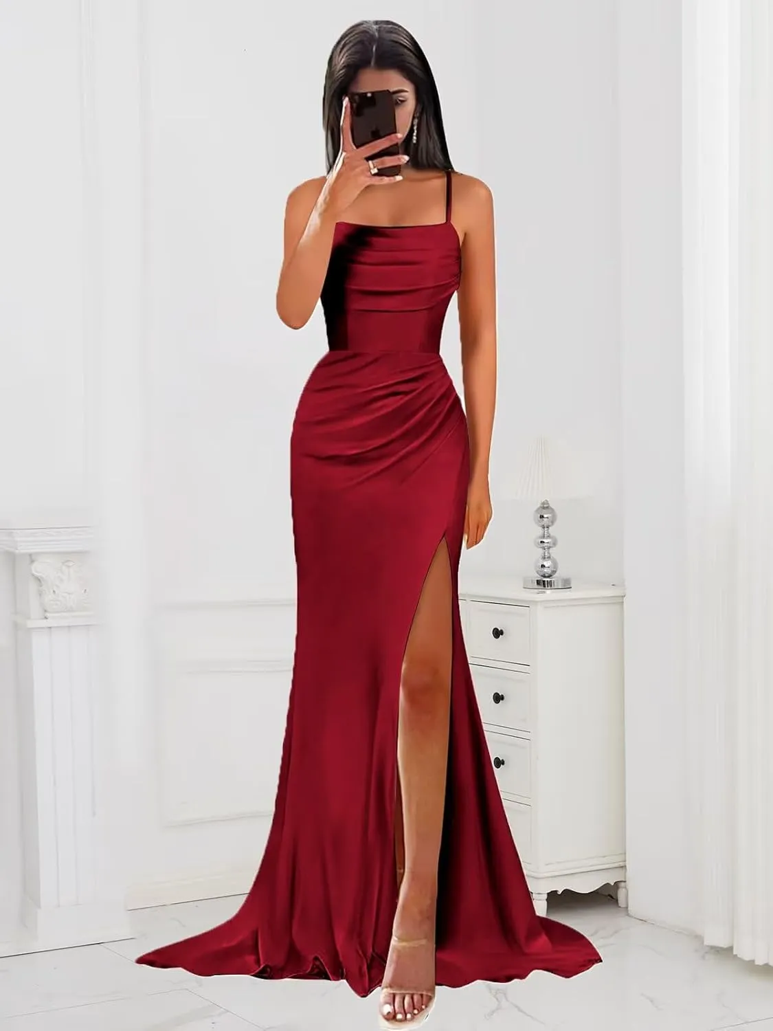 Long Satin Bridesmaid Dresses for Women Elegant Pleated Mermaid Formal Evening Gown with Slit
