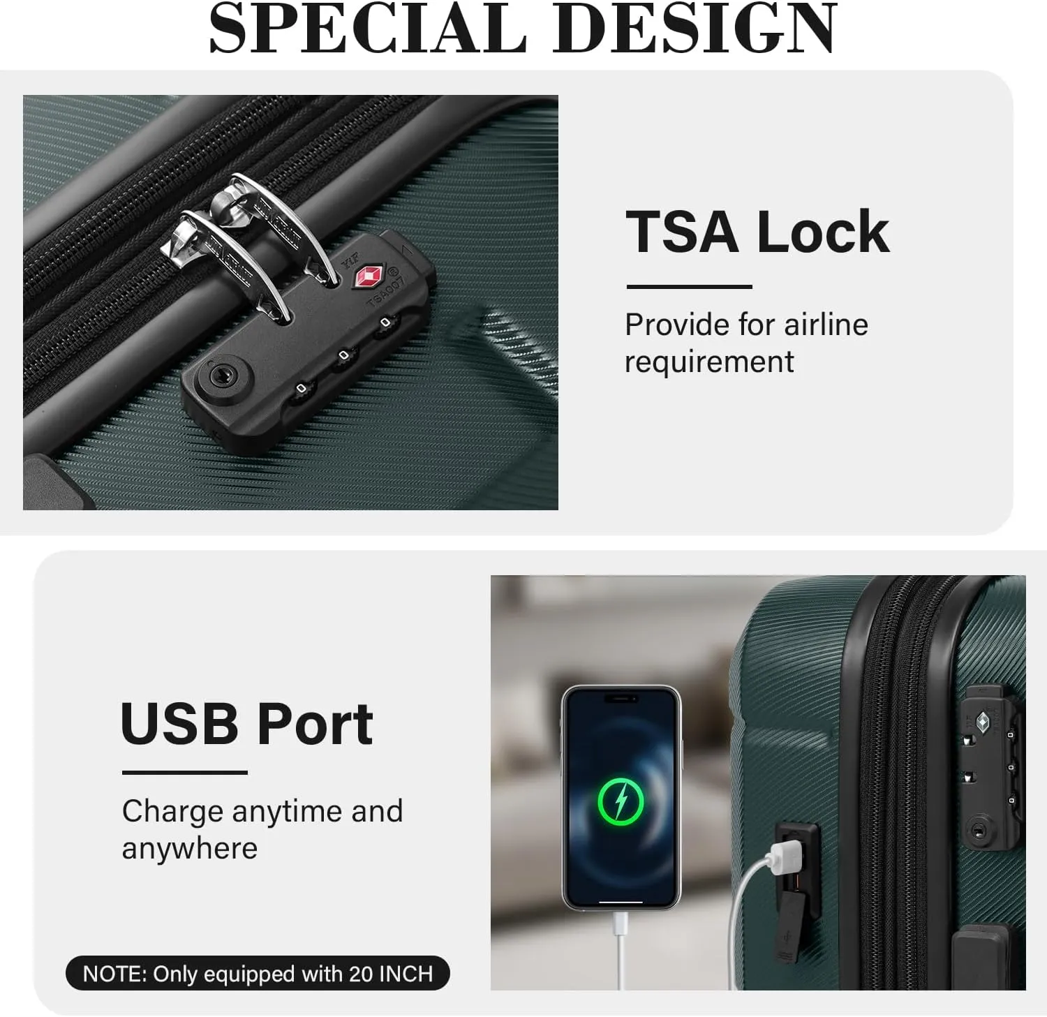 LONG VACATION Hardside Expandable Carry On Luggage, Suitcase with Spinner Wheels TSA Lock, Luggage with USB Port (Dark Green, 20 INCH)