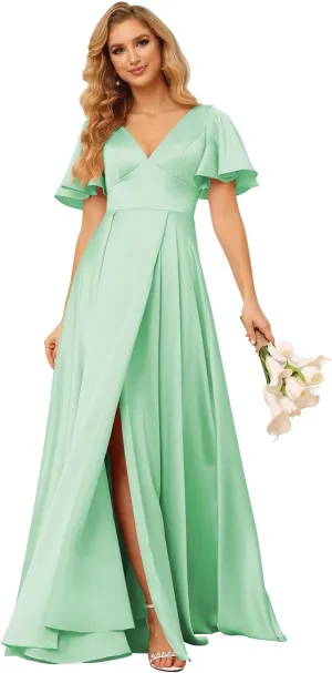 Loyeloy Women's V Neck Ruffle Sleeves Bridesmaid Dresses with Slit 2025 Satin A-Line Formal Evening Gowns