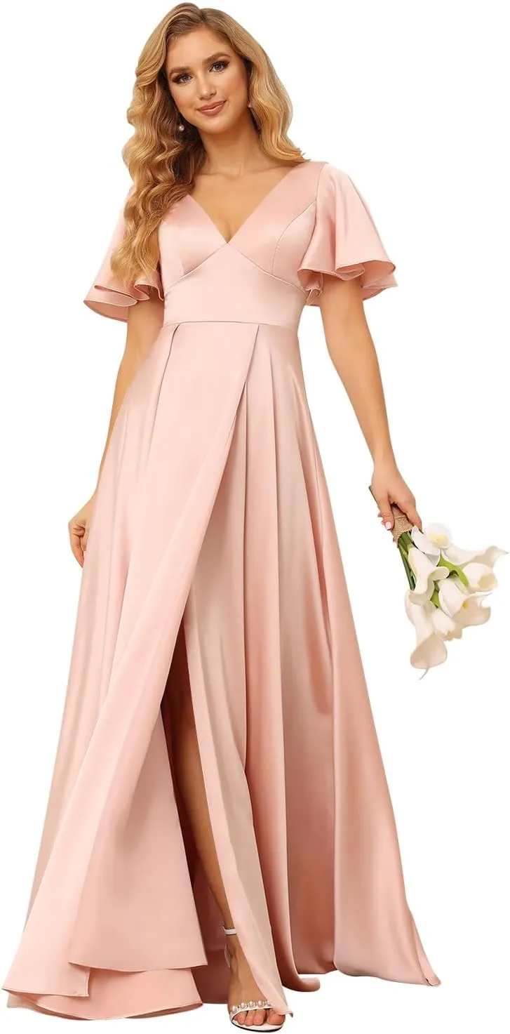 Loyeloy Women's V Neck Ruffle Sleeves Bridesmaid Dresses with Slit 2025 Satin A-Line Formal Evening Gowns