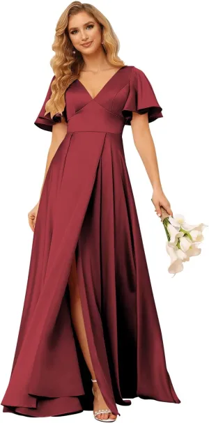 Loyeloy Women's V Neck Ruffle Sleeves Bridesmaid Dresses with Slit 2025 Satin A-Line Formal Evening Gowns