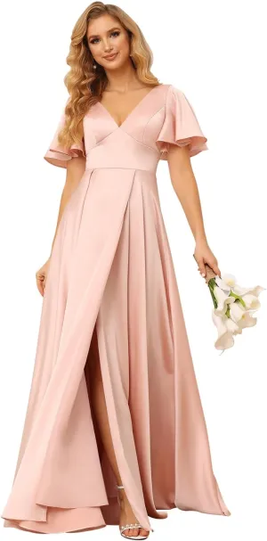Loyeloy Women's V Neck Ruffle Sleeves Bridesmaid Dresses with Slit 2025 Satin A-Line Formal Evening Gowns