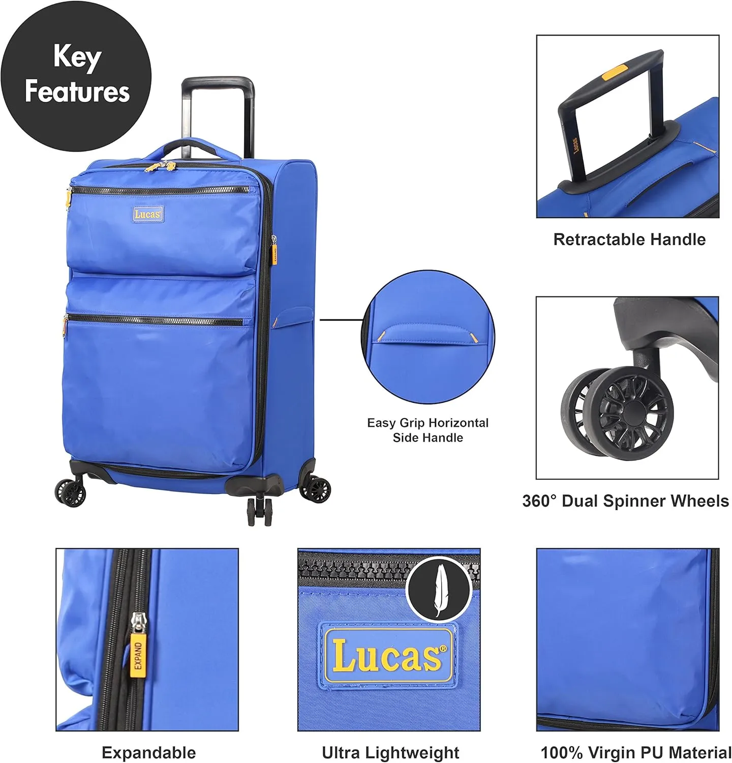 Lucas Designer Luggage Collection - Expandable 28 Inch Softside Bag - Durable Large Ultra Lightweight Checked Suitcase with 8-Rolling Spinner Wheels (Royal Blue)