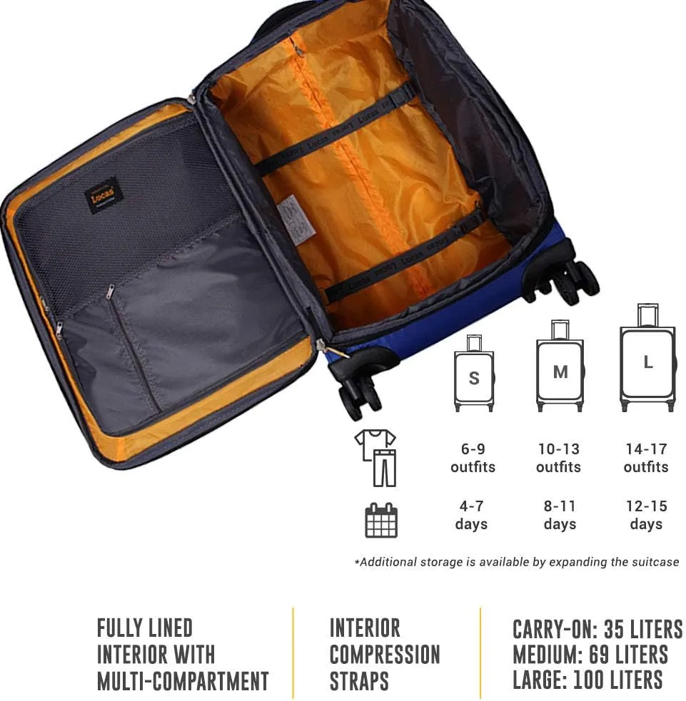 Lucas Designer Luggage Collection - Expandable 28 Inch Softside Bag - Durable Large Ultra Lightweight Checked Suitcase with 8-Rolling Spinner Wheels (Royal Blue)