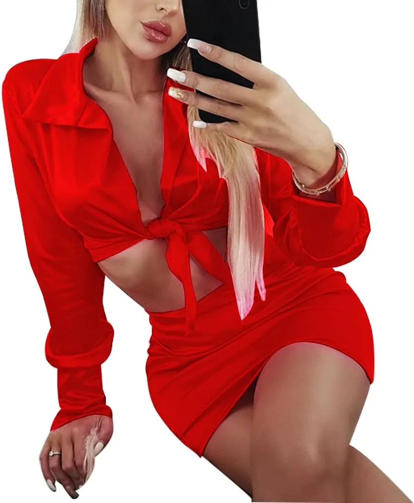 LuFeng Womens Satin Sexy Self Tie Front Long Sleeve 2 Piece Outfits Crop Top and Mini Bodycon Skirt Set