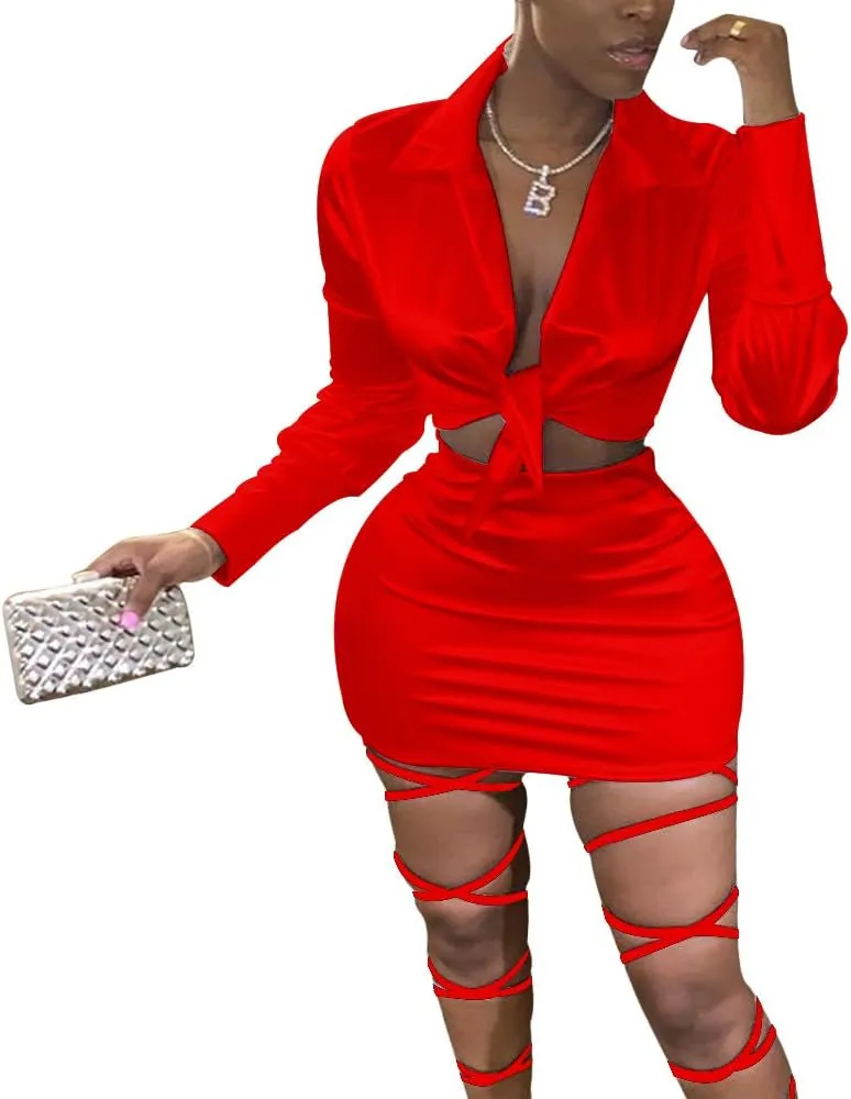 LuFeng Womens Satin Sexy Self Tie Front Long Sleeve 2 Piece Outfits Crop Top and Mini Bodycon Skirt Set