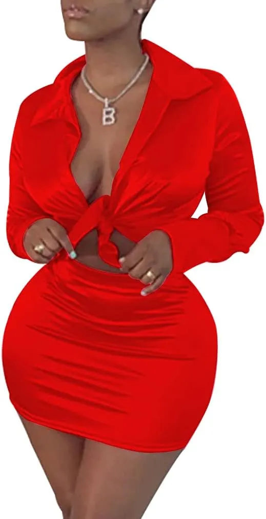 LuFeng Womens Satin Sexy Self Tie Front Long Sleeve 2 Piece Outfits Crop Top and Mini Bodycon Skirt Set