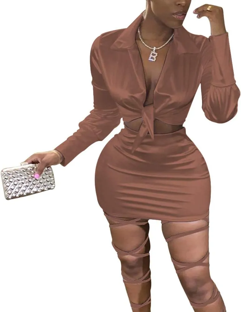 LuFeng Womens Satin Sexy Self Tie Front Long Sleeve 2 Piece Outfits Crop Top and Mini Bodycon Skirt Set