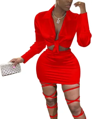 LuFeng Womens Satin Sexy Self Tie Front Long Sleeve 2 Piece Outfits Crop Top and Mini Bodycon Skirt Set