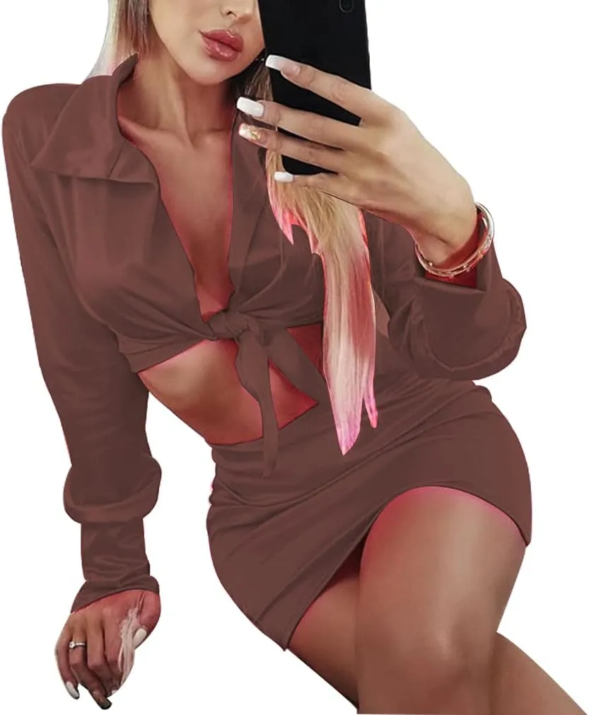 LuFeng Womens Satin Sexy Self Tie Front Long Sleeve 2 Piece Outfits Crop Top and Mini Bodycon Skirt Set