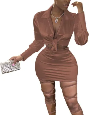 LuFeng Womens Satin Sexy Self Tie Front Long Sleeve 2 Piece Outfits Crop Top and Mini Bodycon Skirt Set