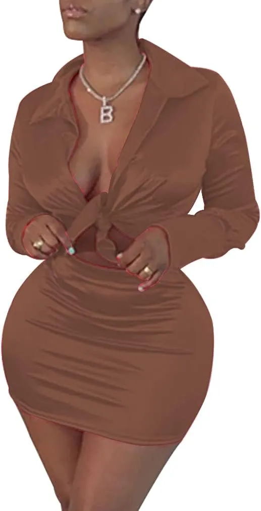 LuFeng Womens Satin Sexy Self Tie Front Long Sleeve 2 Piece Outfits Crop Top and Mini Bodycon Skirt Set