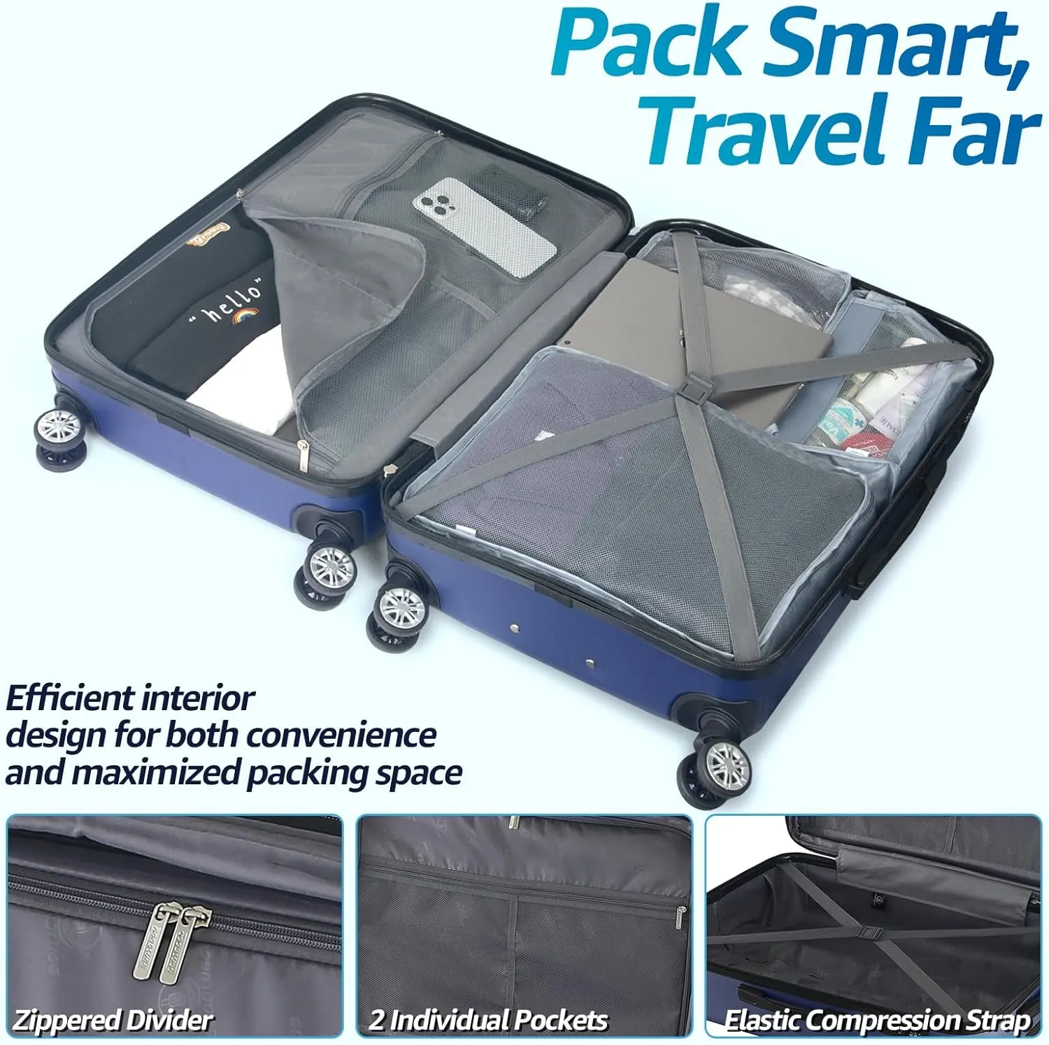 Luggage Set with Spinner Wheels and TSA Lock, 3 Pieces Expandable Hardside Suitcase for Travel, Hardshell Luggage Sets, 20", 24", 28", Navy