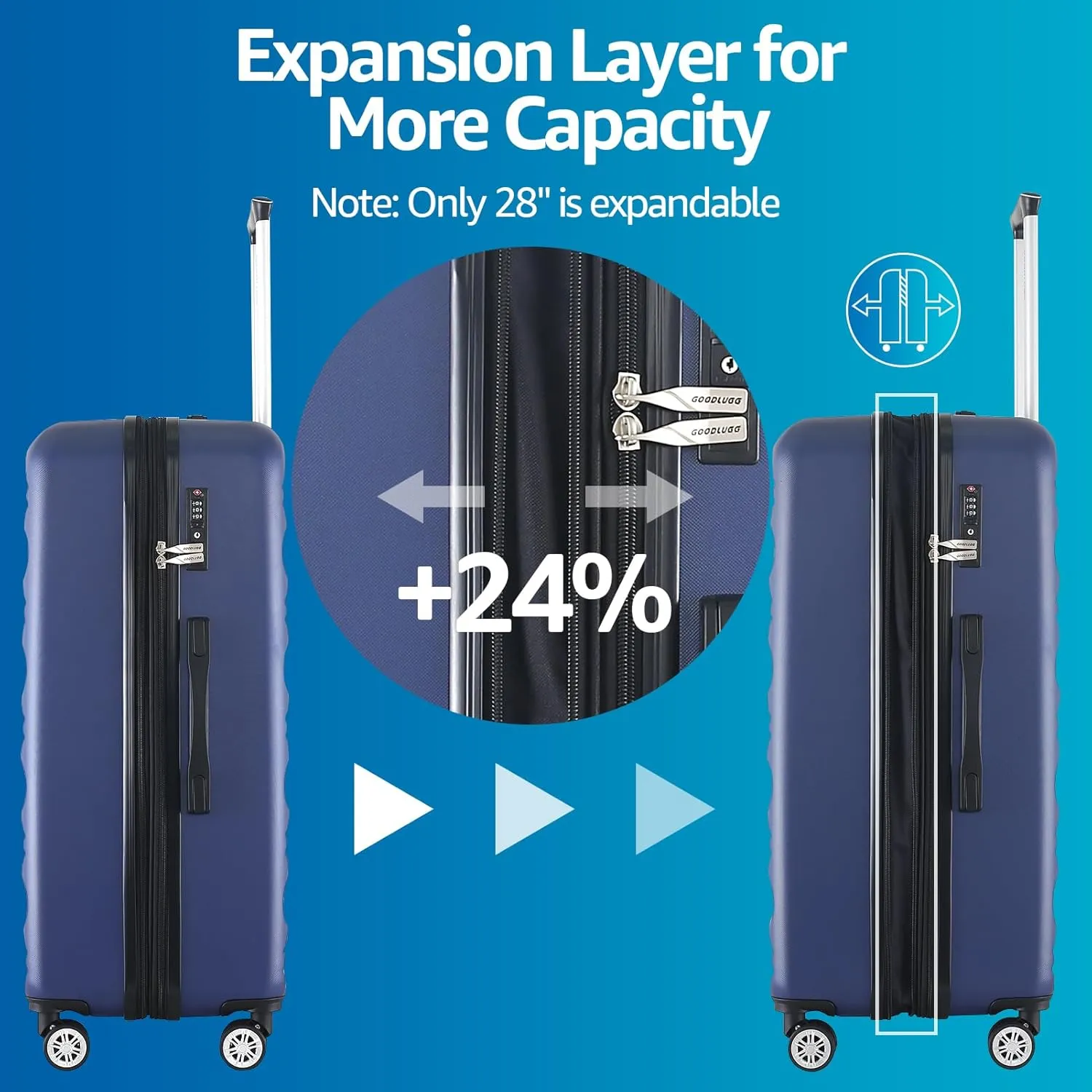 Luggage Set with Spinner Wheels and TSA Lock, 3 Pieces Expandable Hardside Suitcase for Travel, Hardshell Luggage Sets, 20", 24", 28", Navy