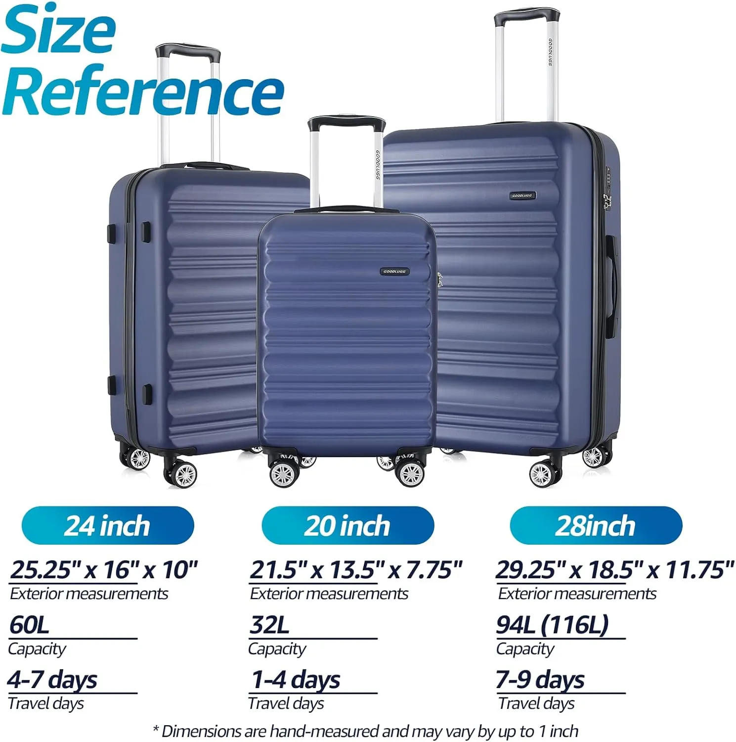 Luggage Set with Spinner Wheels and TSA Lock, 3 Pieces Expandable Hardside Suitcase for Travel, Hardshell Luggage Sets, 20", 24", 28", Navy