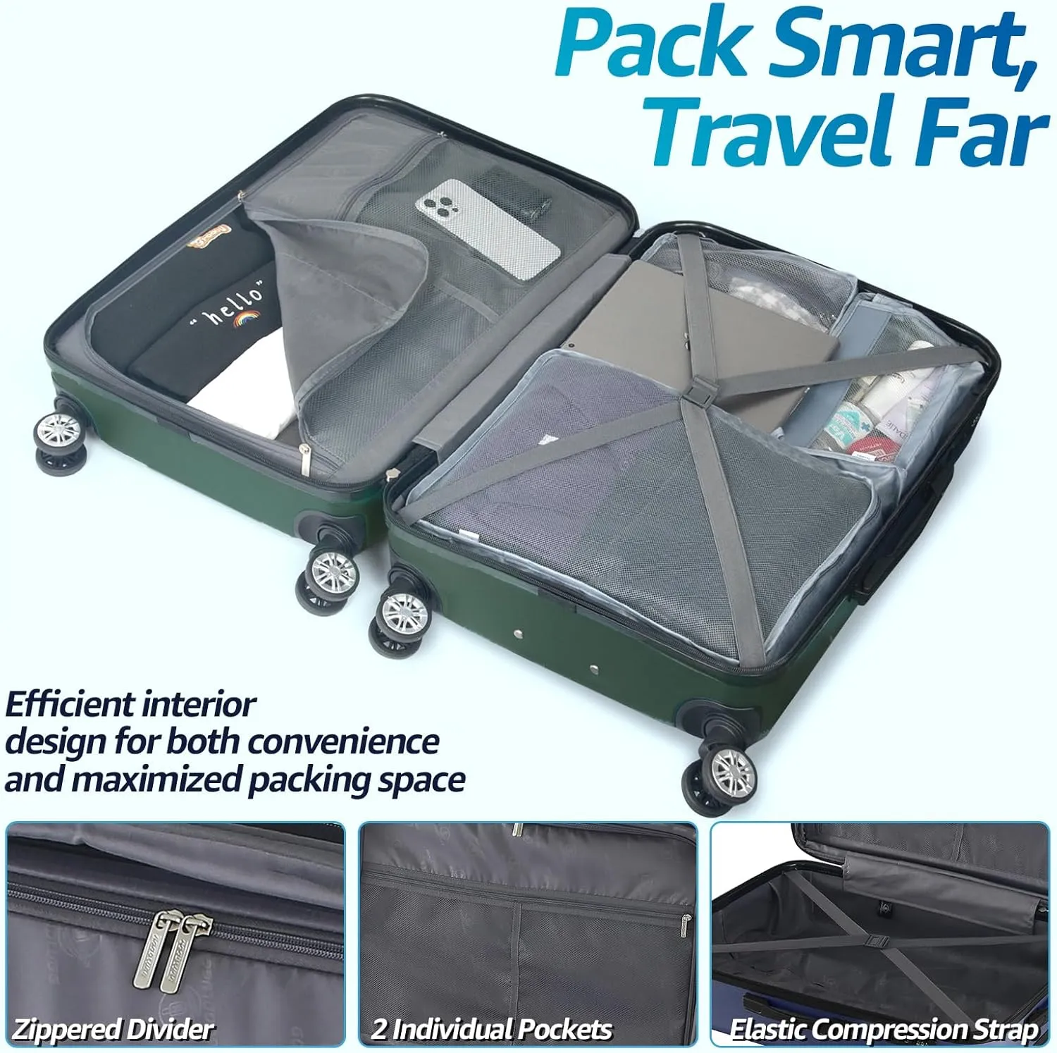 Luggage Set with Spinner Wheels and TSA Lock, 3 Pieces Expandable Hardside Suitcase for Travel, Hardshell Luggage Sets, 20", 24", 28",Dark Green