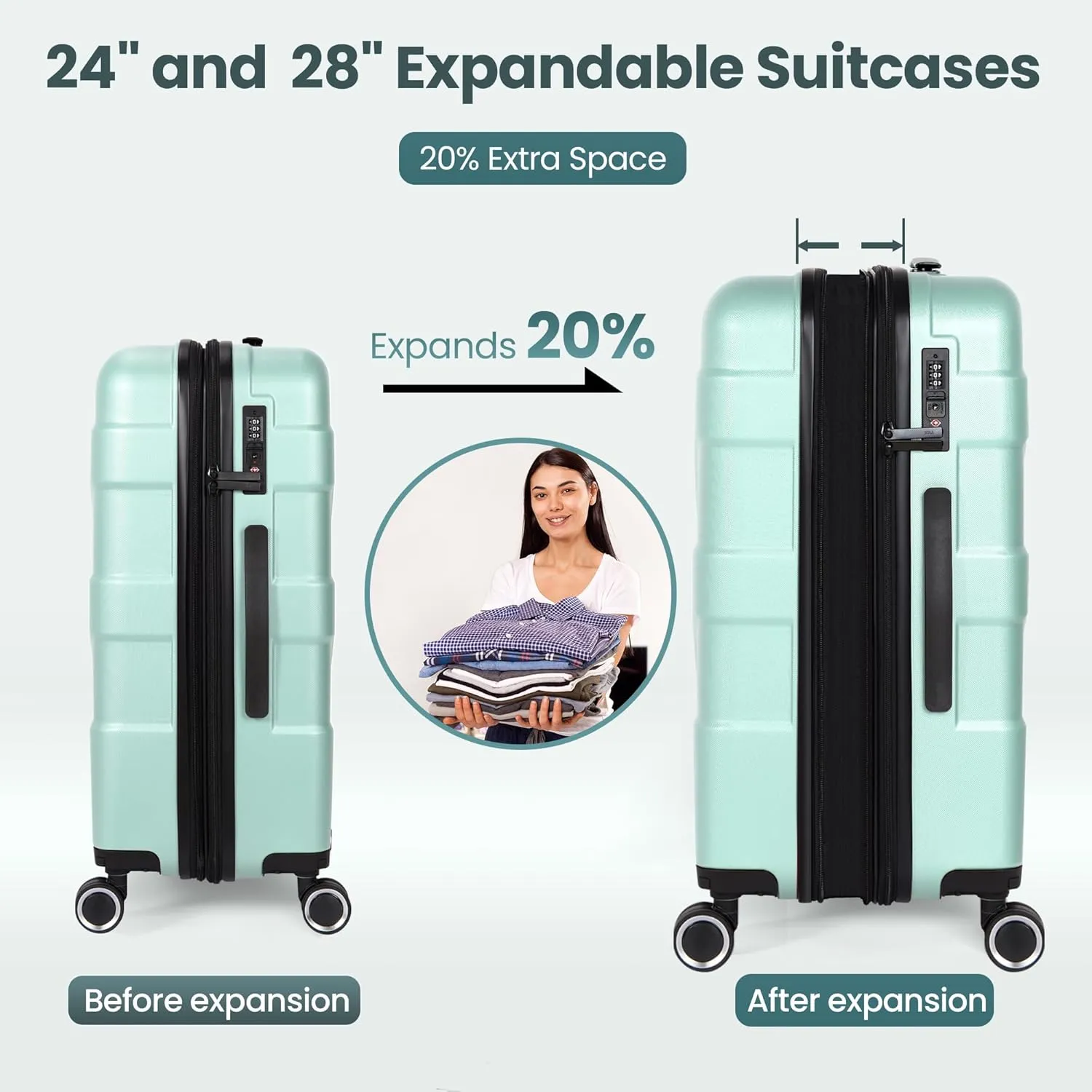Luggage Sets 3 Piece with Spinner Wheel, Hardside Suitcase Set with TSA Lock, Expandable Travel Luggage for Men and Women, Mint Green