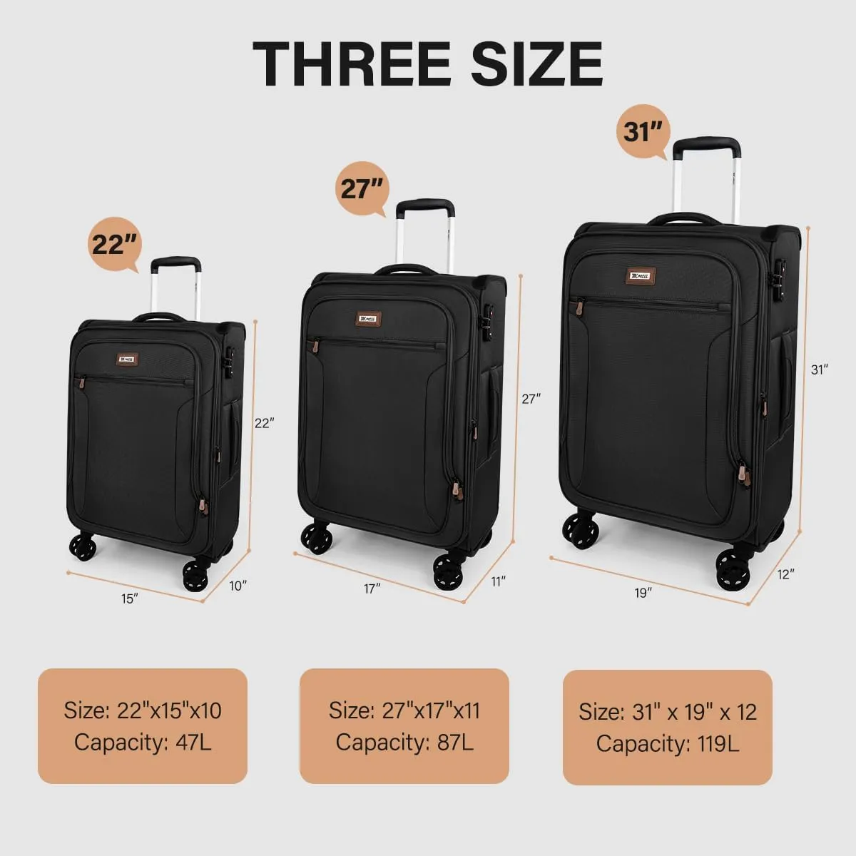 Luggage Sets 3 Piece,Suitcases with Wheels Hardshell,Softside Luggage Set,Foldie Travel Bag Expandable,Charcoal Material W/Tsa Lock & Double Spinner Wheels(20in/28in/30in) Black