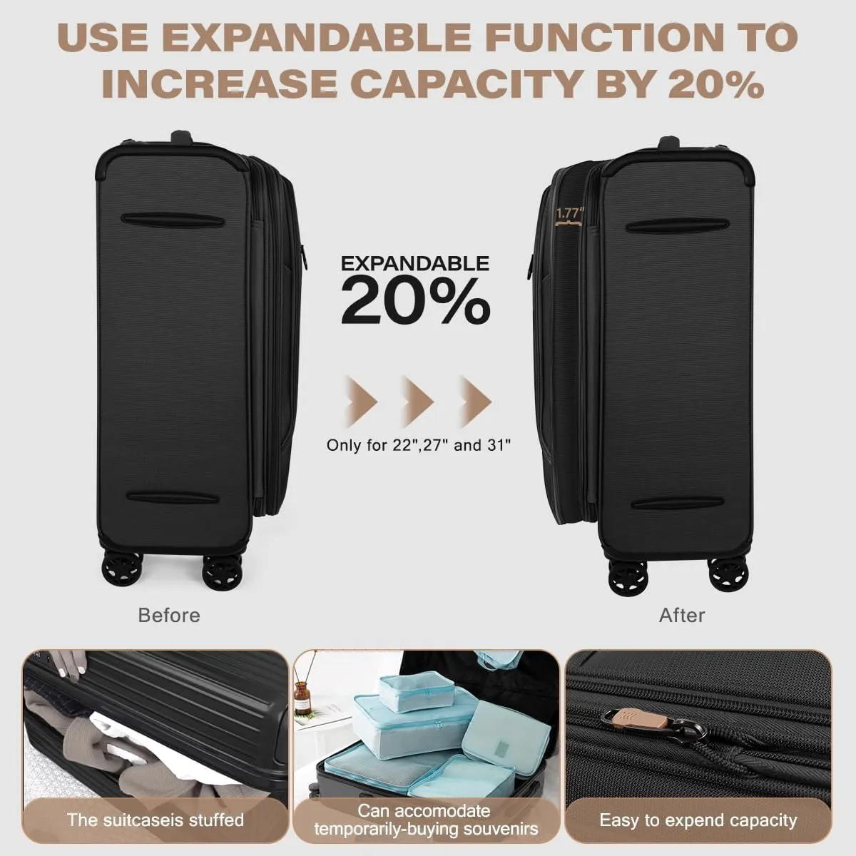 Luggage Sets 3 Piece,Suitcases with Wheels Hardshell,Softside Luggage Set,Foldie Travel Bag Expandable,Charcoal Material W/Tsa Lock & Double Spinner Wheels(20in/28in/30in) Black