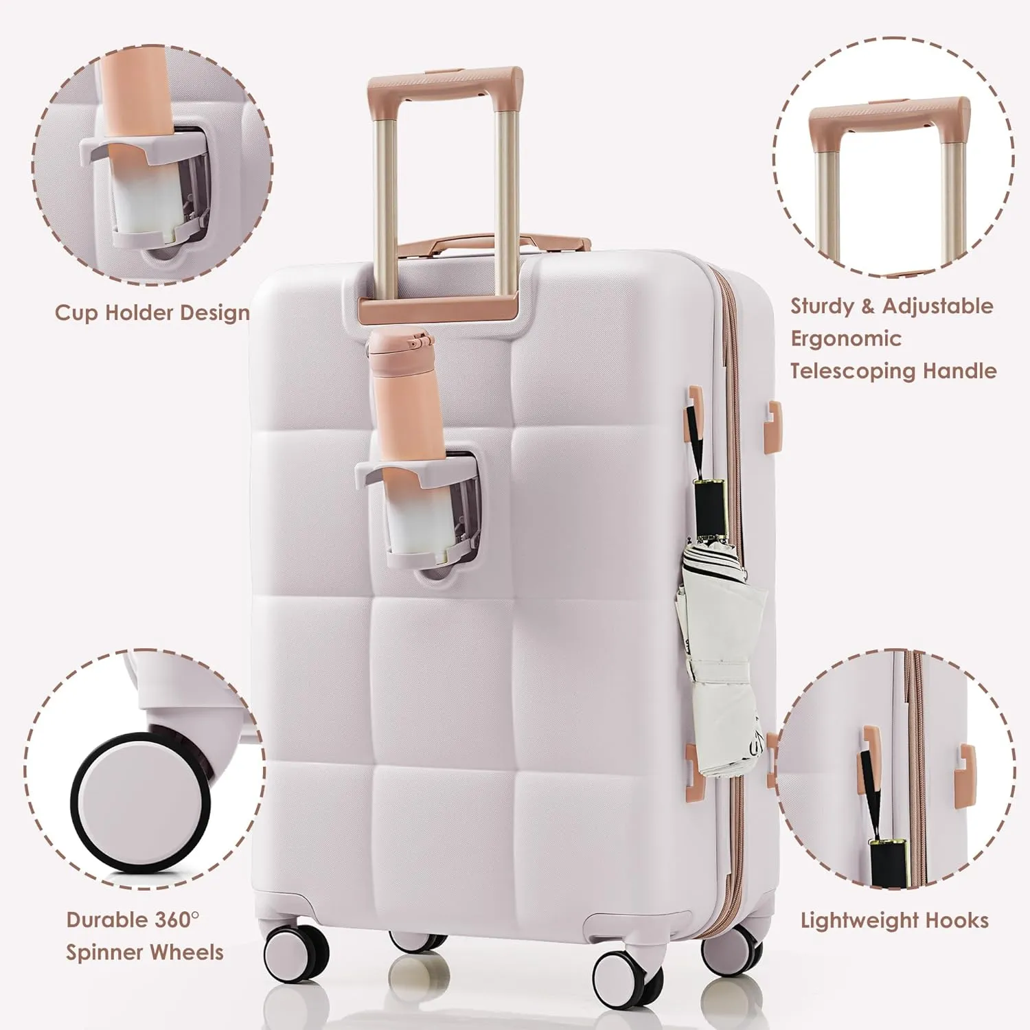 Luggage Sets 4 Piece, Expandable Suitcase with Cup Holder and USB Port(20''), Hardside Carry On Checked with with Travel Bag & TSA Lock, 20/24/28 Inch Rolling Suitcases with Wheels (Light Grey)