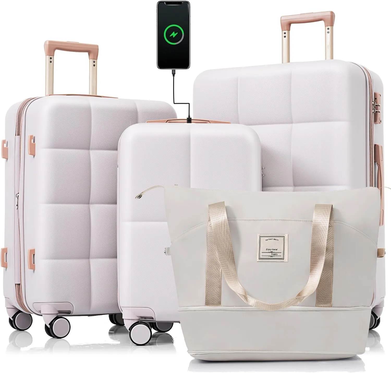Luggage Sets 4 Piece, Expandable Suitcase with Cup Holder and USB Port(20''), Hardside Carry On Checked with with Travel Bag & TSA Lock, 20/24/28 Inch Rolling Suitcases with Wheels (Light Grey)